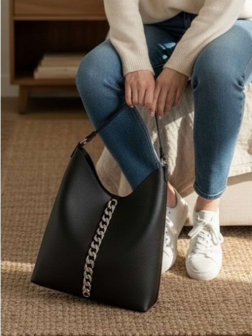 DKNY Paula Hobo Bag Black Chain Detail NWT